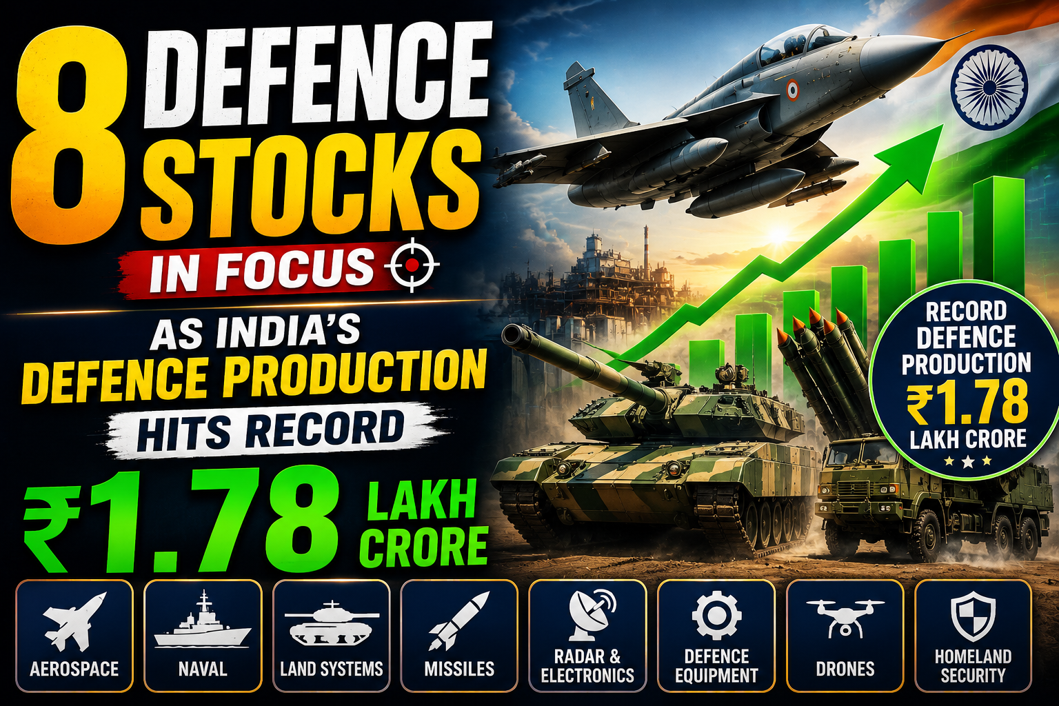 8 Defence Stocks in Focus as India's Defence Production Hits Record ₹1.78 Lakh Crore