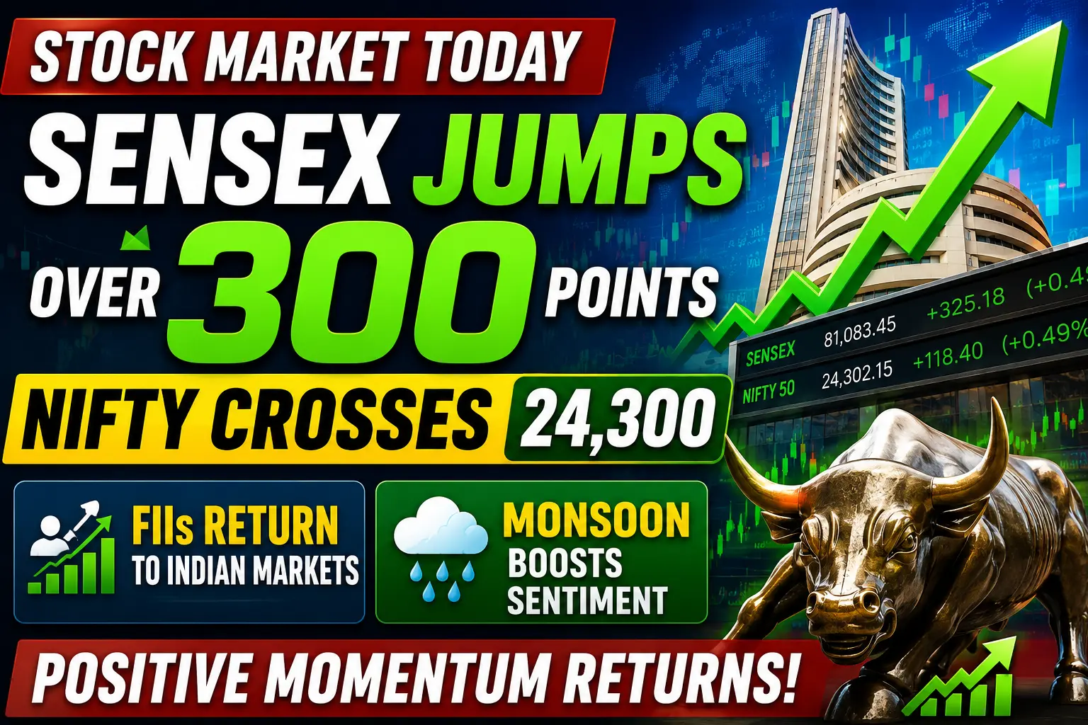 Stock Market Today- Sensex Jumps Over 300 Points, Nifty Crosses 24,300 as FIIs Return and Monsoon Boosts Sentiment